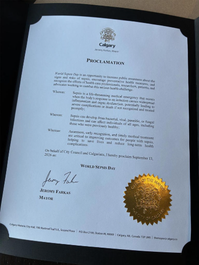 The City of Calgary issued a formal proclamation in recognition of World Sepsis Day on Sept. 13.