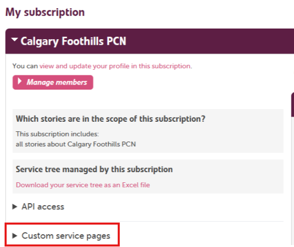 My subscription, custom service panel