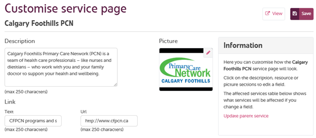 Customize service page edit view
